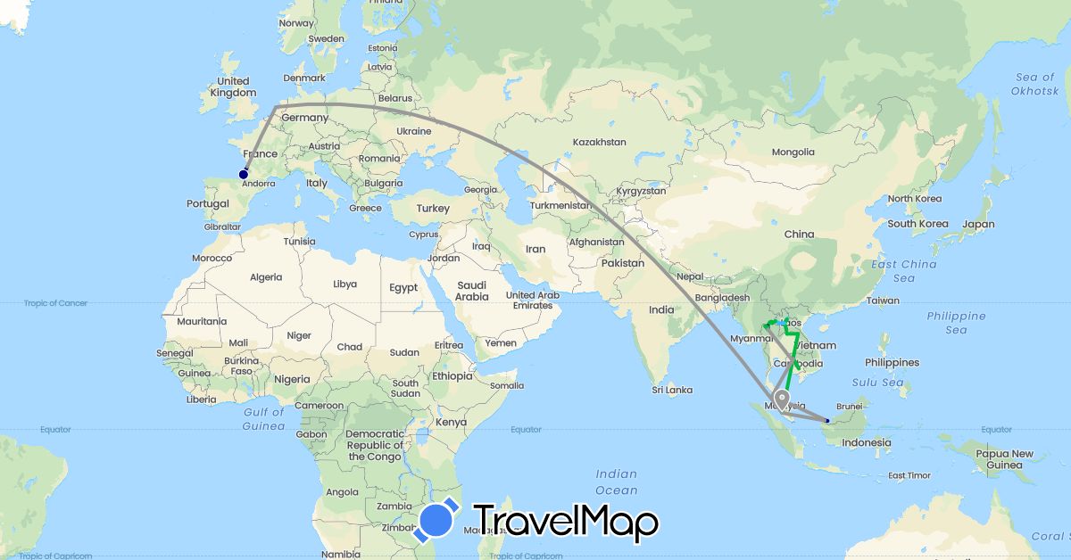 TravelMap itinerary: driving, bus, plane, boat in France, Cambodia, Laos, Malaysia, Netherlands, Thailand (Asia, Europe)