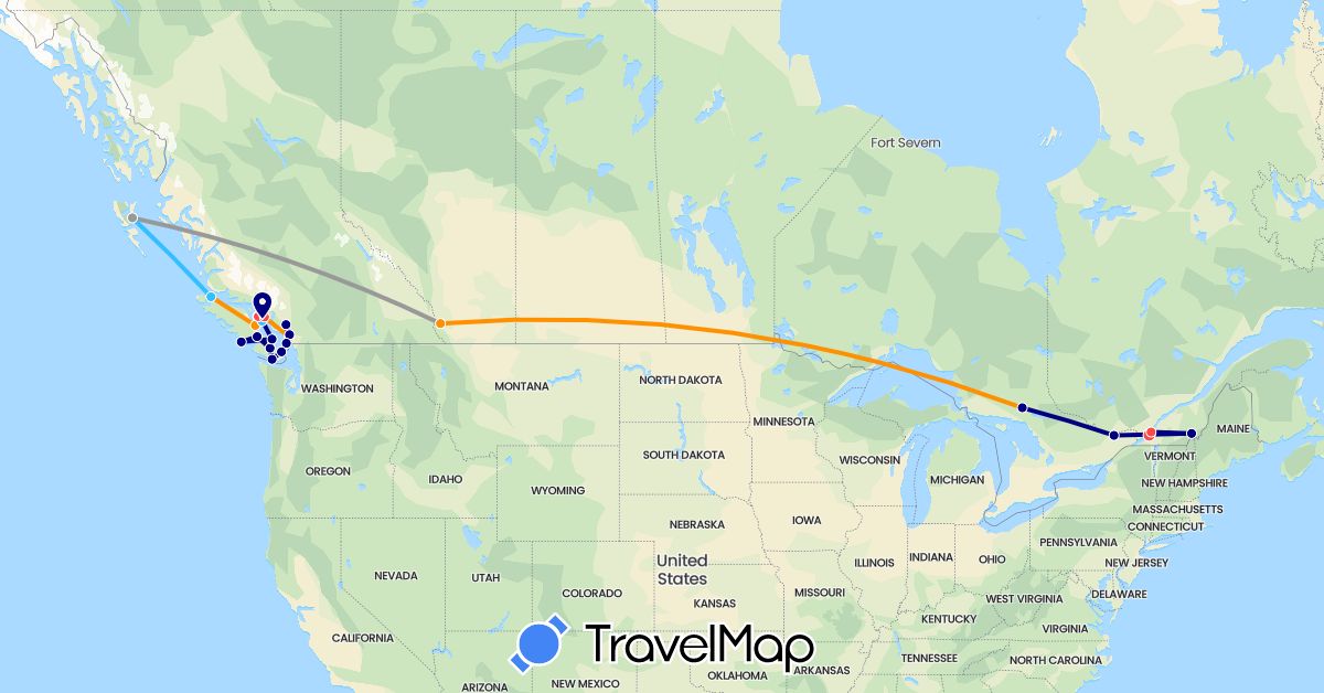 TravelMap itinerary: driving, plane, hiking, boat, hitchhiking in Canada (North America)
